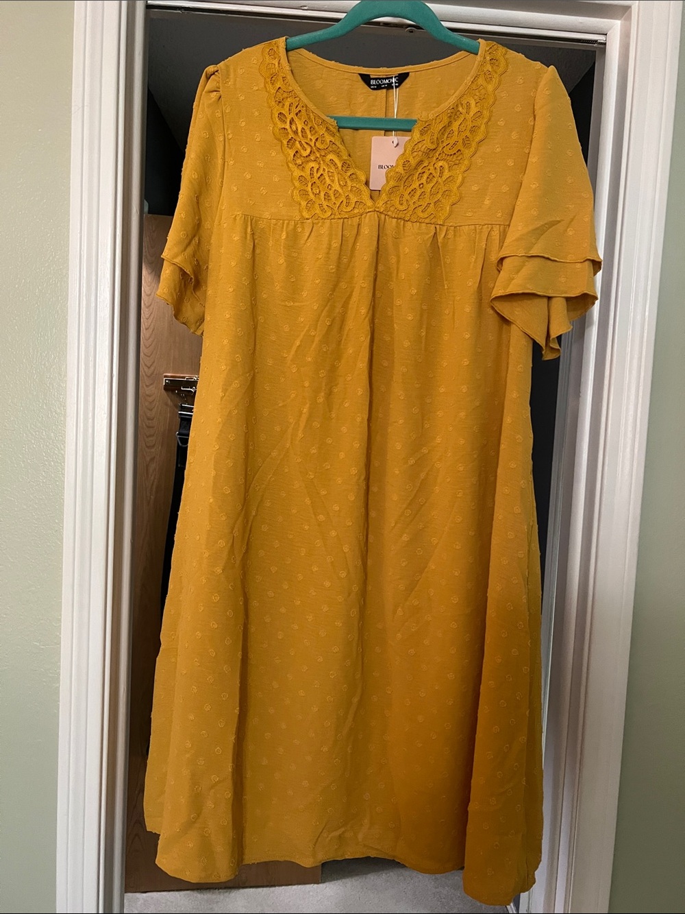 BloomChic Mustard Yellow Swiss Dot Dress with Lace Yoke